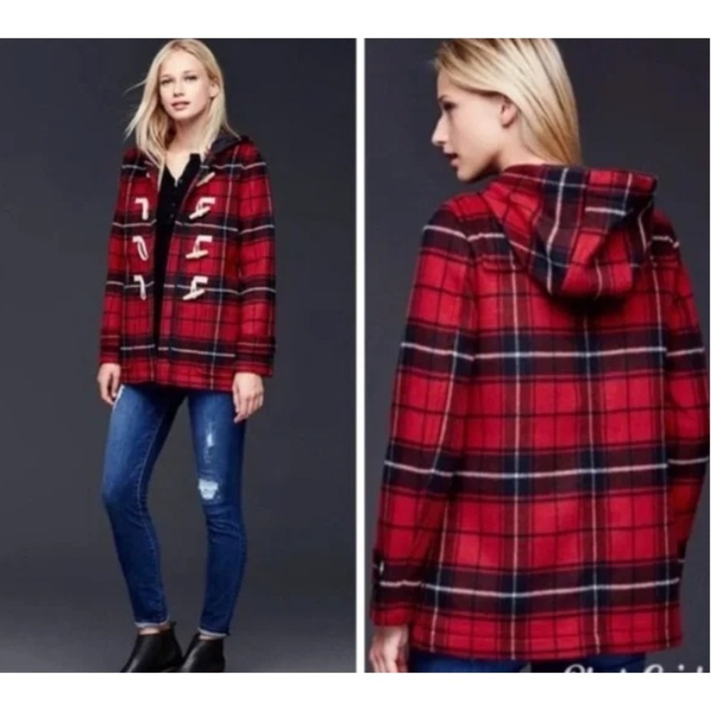 GAP Womens Red Plaid Wool Blend Duffle Coat Hooded Toggle Jacket‎ FA15 M
